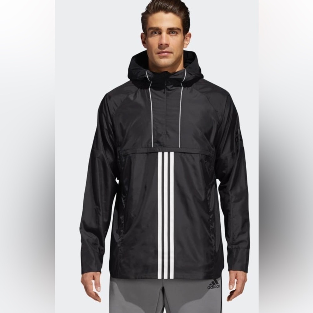Adidas-XL-black-hooded with half zip, reflective trim,windbreaker/jacket.